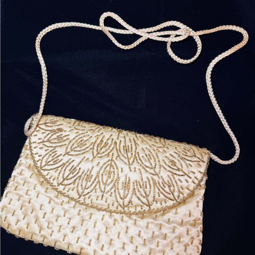 Beaded Cream Evening Bag with Gold Accents
